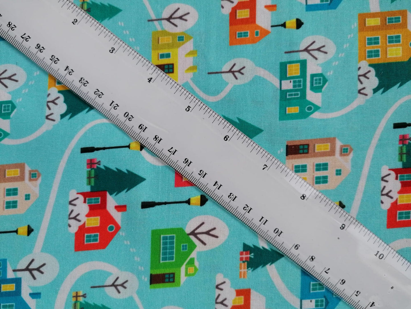 100% Cotton - Quilting and Crafting - Christmas - Turquoise/Red/Yellow/White/Blue - 44" Wide - Sold By the Metre