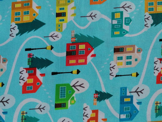 100% Cotton - Quilting and Crafting - Christmas - Turquoise/Red/Yellow/White/Blue - 44" Wide - Sold By the Metre
