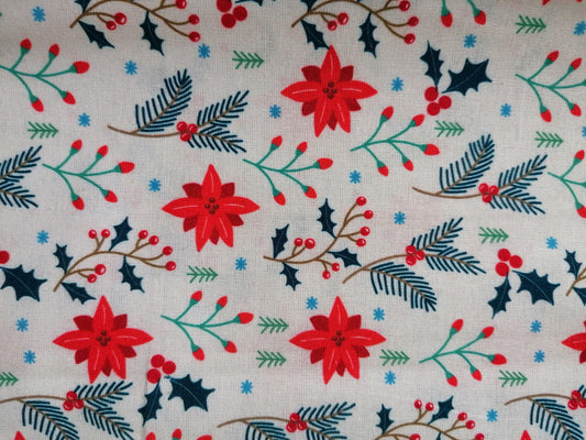 100% Cotton - Quilting and Crafting - Christmas - Cream/Red/Teal - 44" Wide - Sold By the Metre
