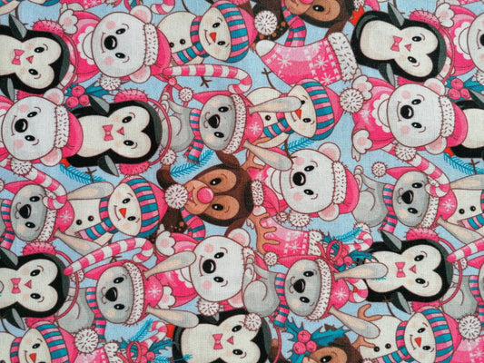100% Cotton - Quilting and Crafting - Christmas - Pink/Blue/Black/Grey - 44" Wide - Sold By the Metre