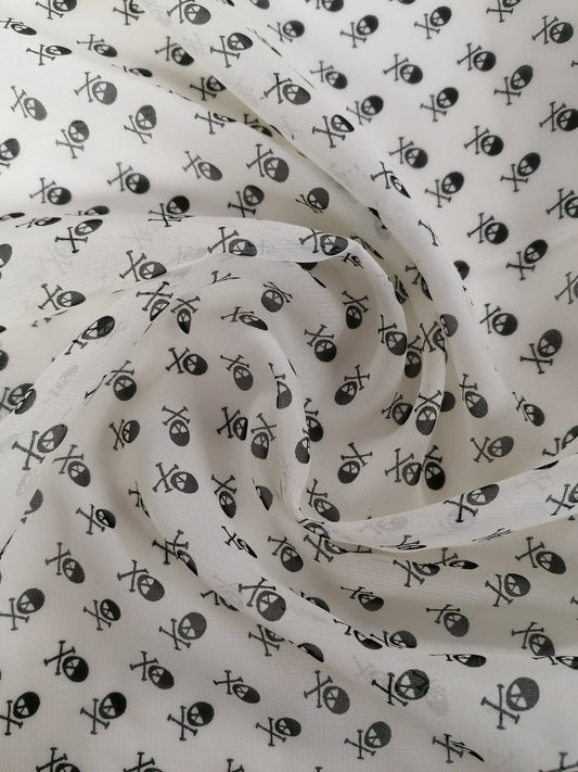 Chiffon - Skulls - Black/Cream  - 58" Wide - Sold By the Metre