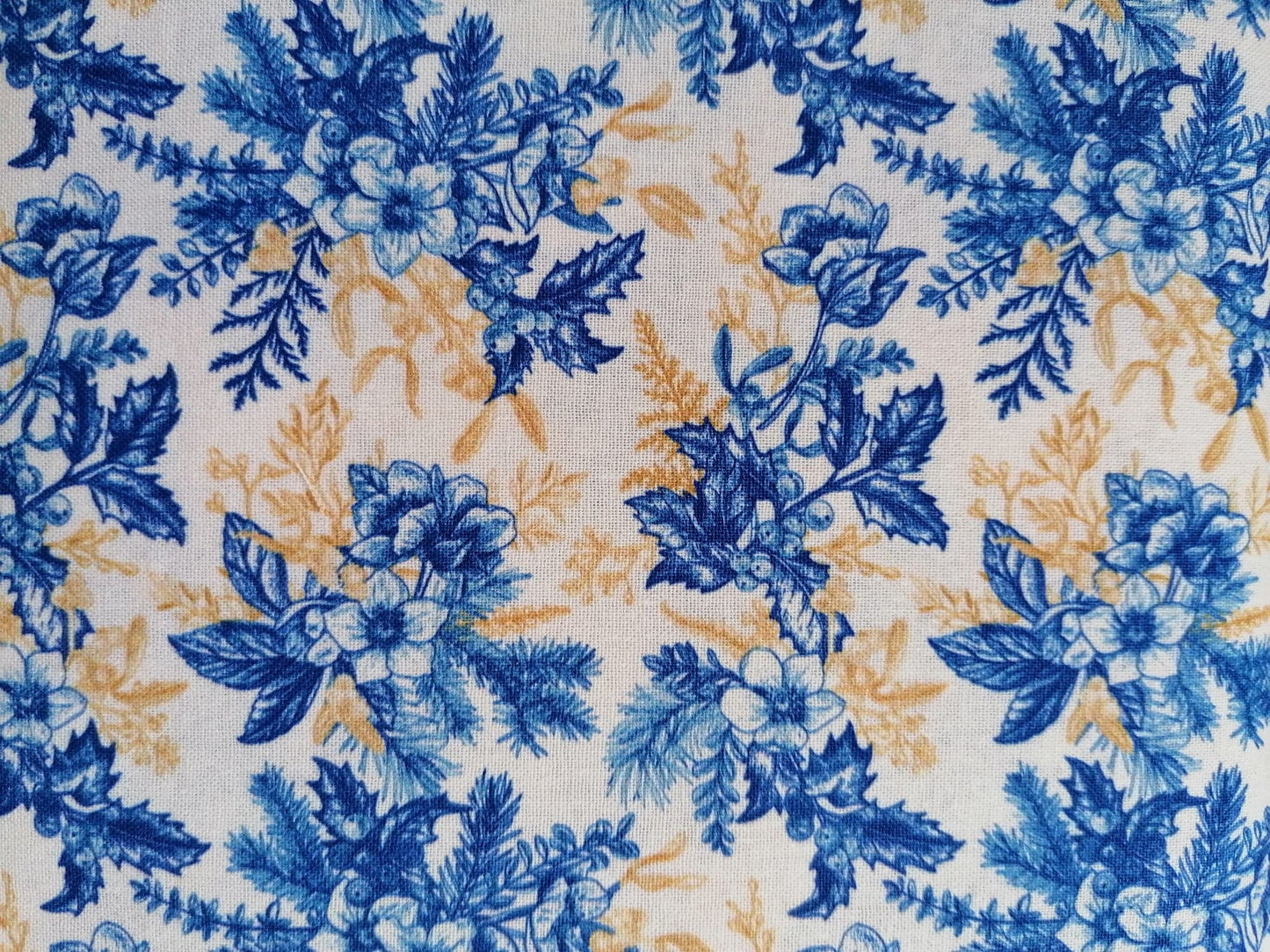 100% Cotton - Quilting and Crafting - Floral - Blue/Mustard/Cream - 60" Wide - Sold By the Metre