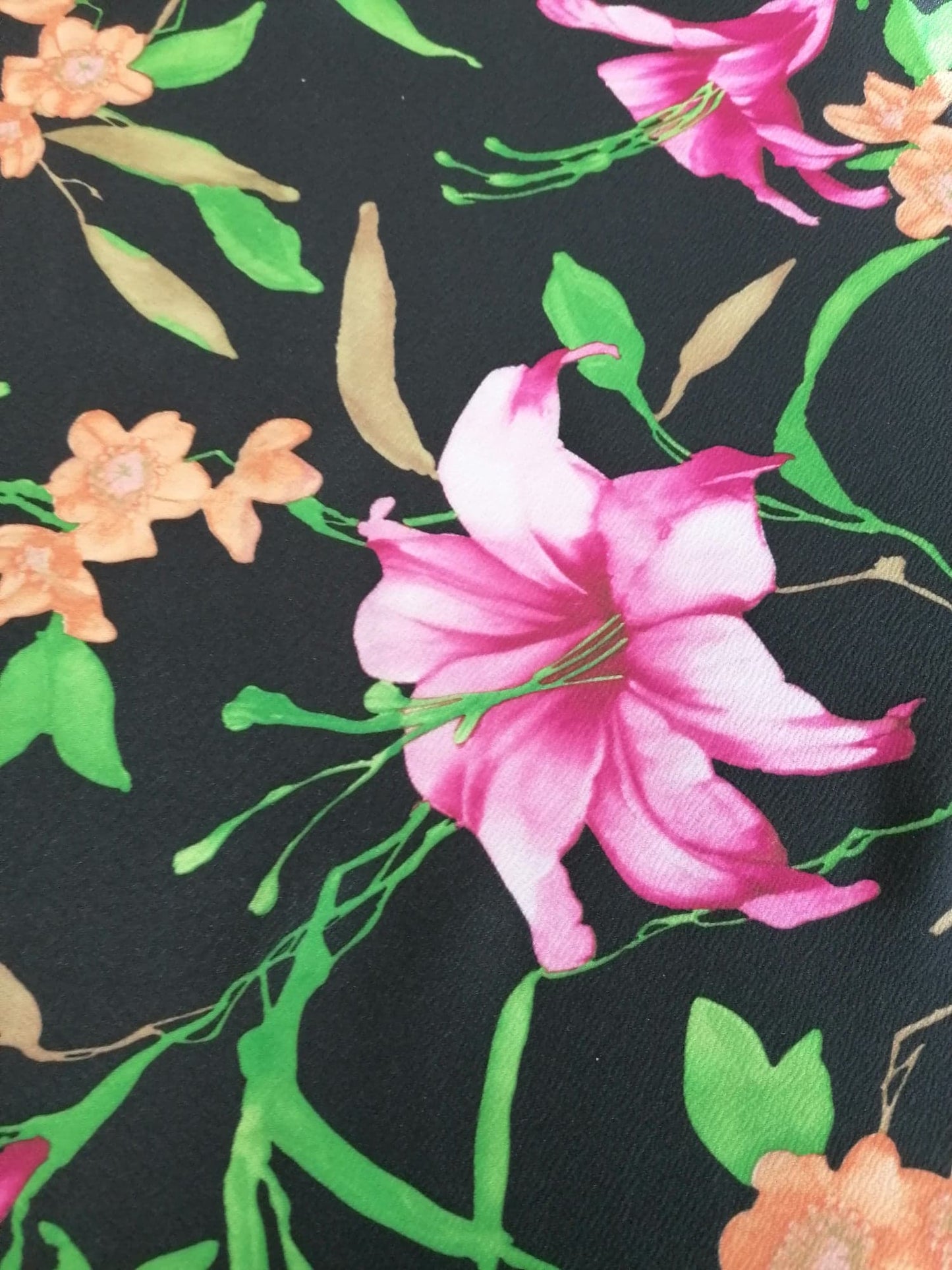 Liverpool Crepe - Floral - Black/Pink/Orange/Green - 59" Wide - Sold By the Metre