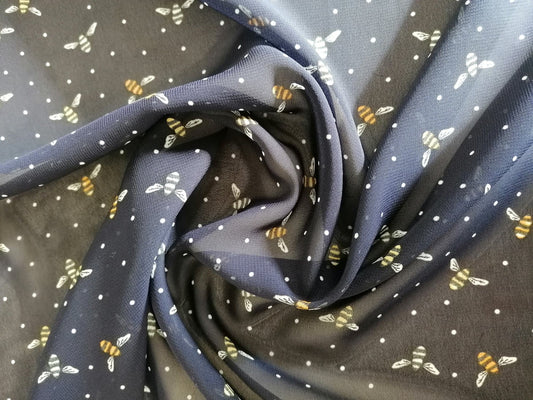 Chiffon - Bees - Navy/White/Yellow - 58" Wide - Sold By the Metre