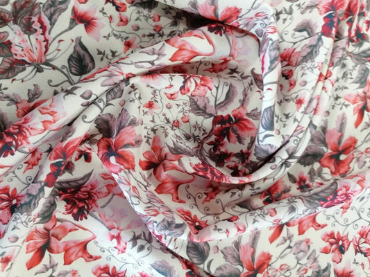 Crepe de Chine - Digital Print - Cream/Red/Grey - 45" Wide - Sold By the Metre