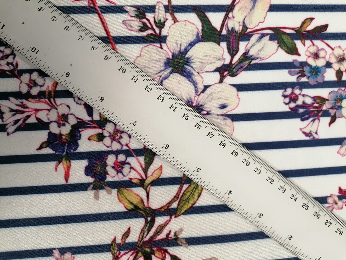 Printed Bengaline - White/Navy/Purple/Green - 58" Wide - Sold By the Metre
