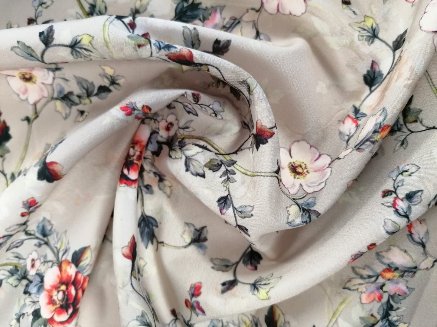 Crepe de Chine - Digital Print - Cream/Grey/Orange/Teal - 45" Wide - Sold By the Metre