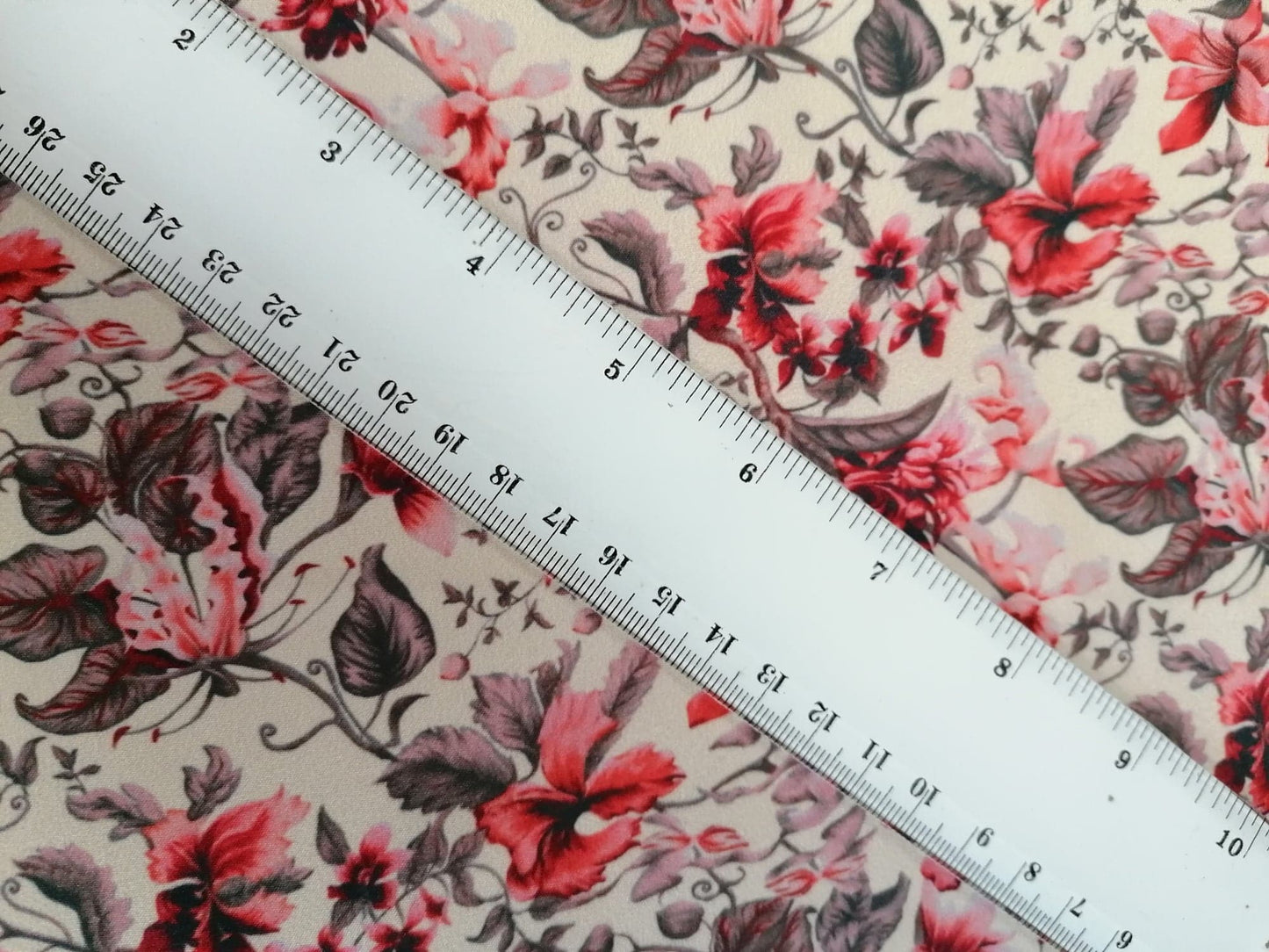 Crepe de Chine - Digital Print - Cream/Red/Grey - 45" Wide - Sold By the Metre