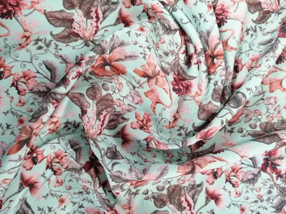 Crepe de Chine - Digital Print - Green/Orange/Grey - 45" Wide - Sold By the Metre