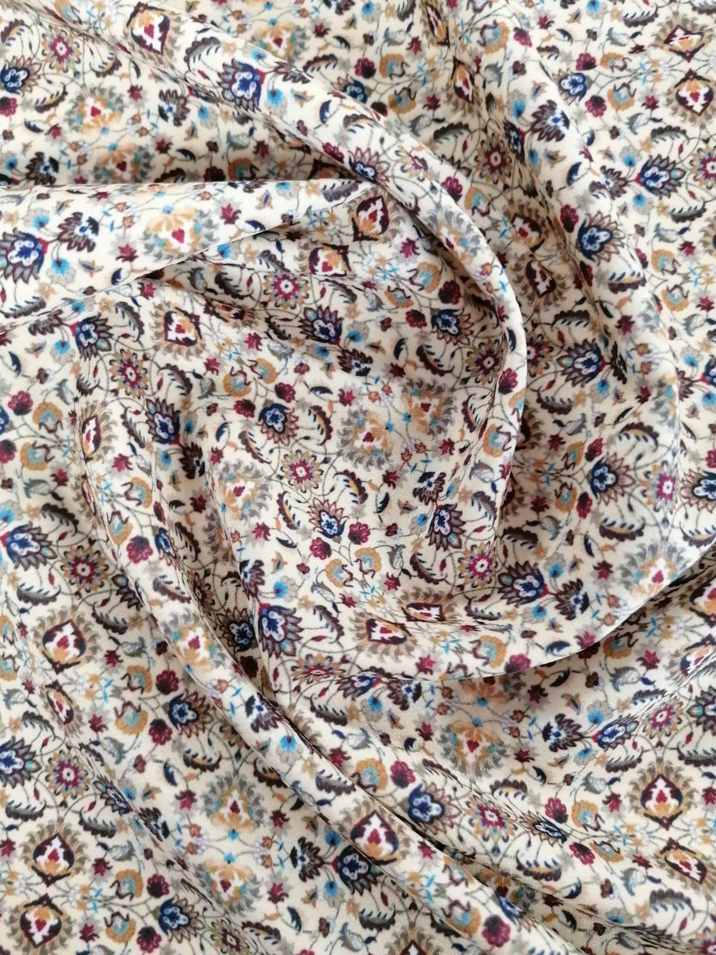 Crepe de Chine - Digital Print - Cream/Blue/Grey/Khaki - 45" Wide - Sold By the Metre