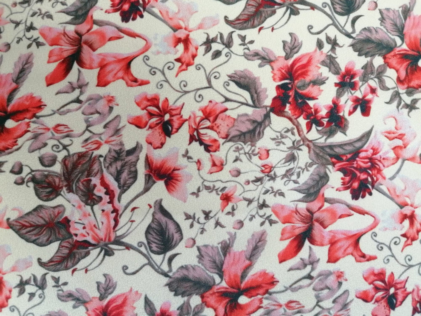 Crepe de Chine - Digital Print - Cream/Red/Grey - 45" Wide - Sold By the Metre