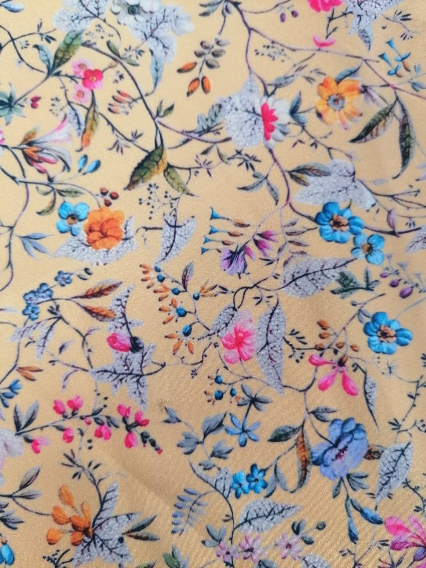 Crepe de Chine - Digital Print - Mustard/Pink/Blue/Grey - 45" Wide - Sold By the Metre