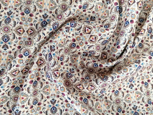 Crepe de Chine - Digital Print - Cream/Plum/Mustard/Blue - 45" Wide - Sold By the Metre