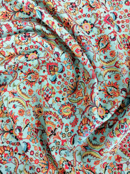 Crepe de Chine - Digital Print - Mint/Yellow/Orange - 45" Wide - Sold By the Metre