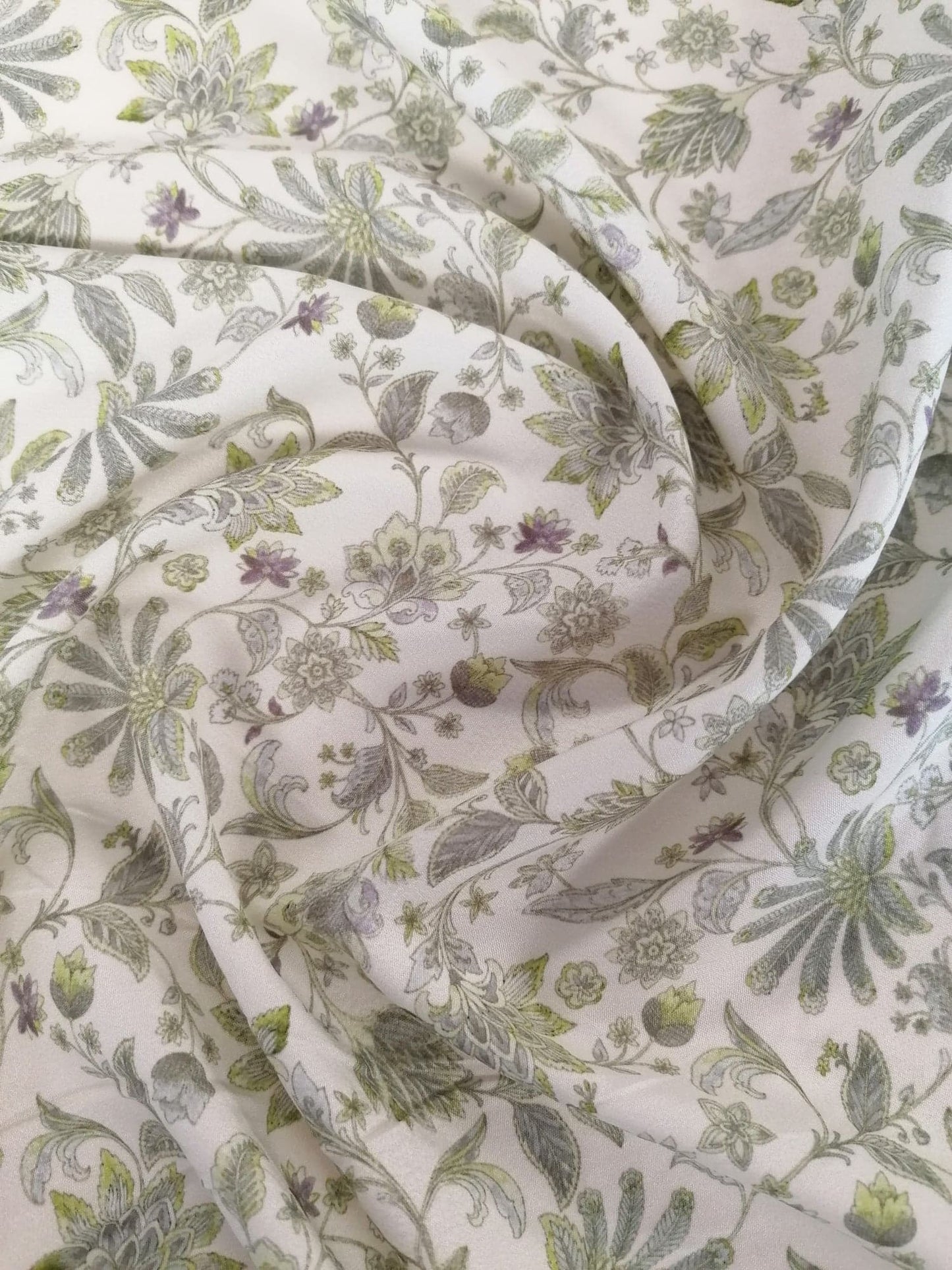 Crepe de Chine - Digital Print - Cream/Grey/Green - 45" Wide - Sold By the Metre