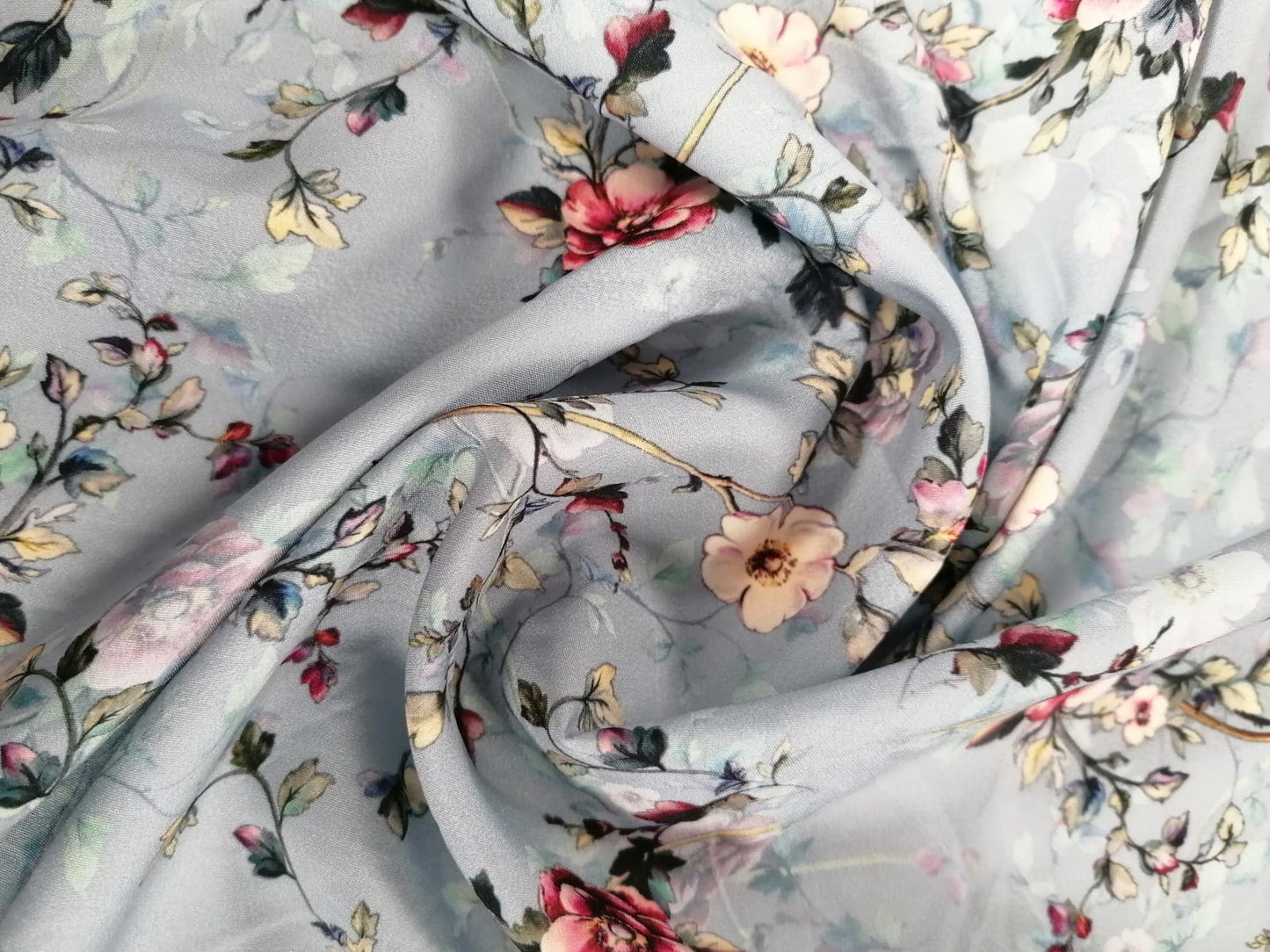 Crepe de Chine - Digital Print - Blue/Pink/Cream - 45" Wide - Sold By the Metre