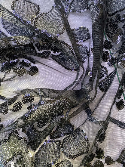 Silver and Black Floral Sequined Mesh Fabric - 64" Wide, No Stretch