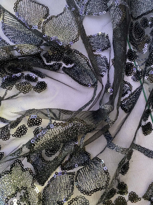Silver and Black Floral Sequined Mesh Fabric - 64" Wide, No Stretch