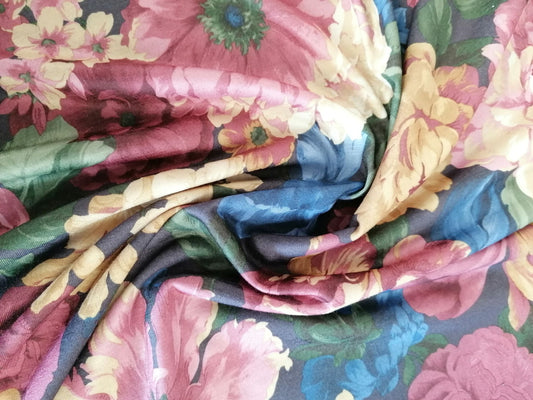 Spun Poly Jersey - Vintage Flower - Plum/Blue/Yellow - 59" Wide - Sold By the Metre
