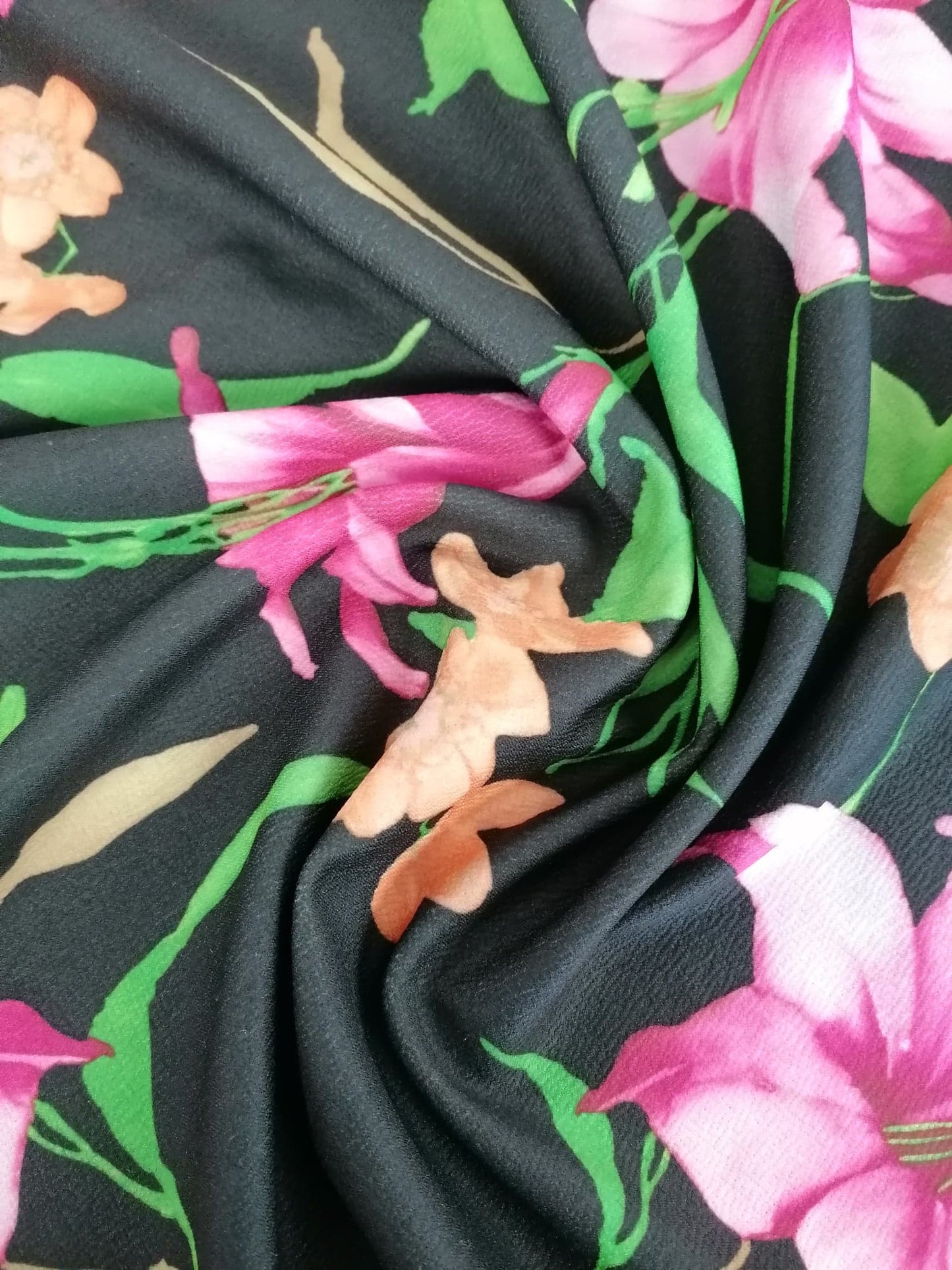 Liverpool Crepe - Floral - Black/Pink/Orange/Green - 59" Wide - Sold By the Metre