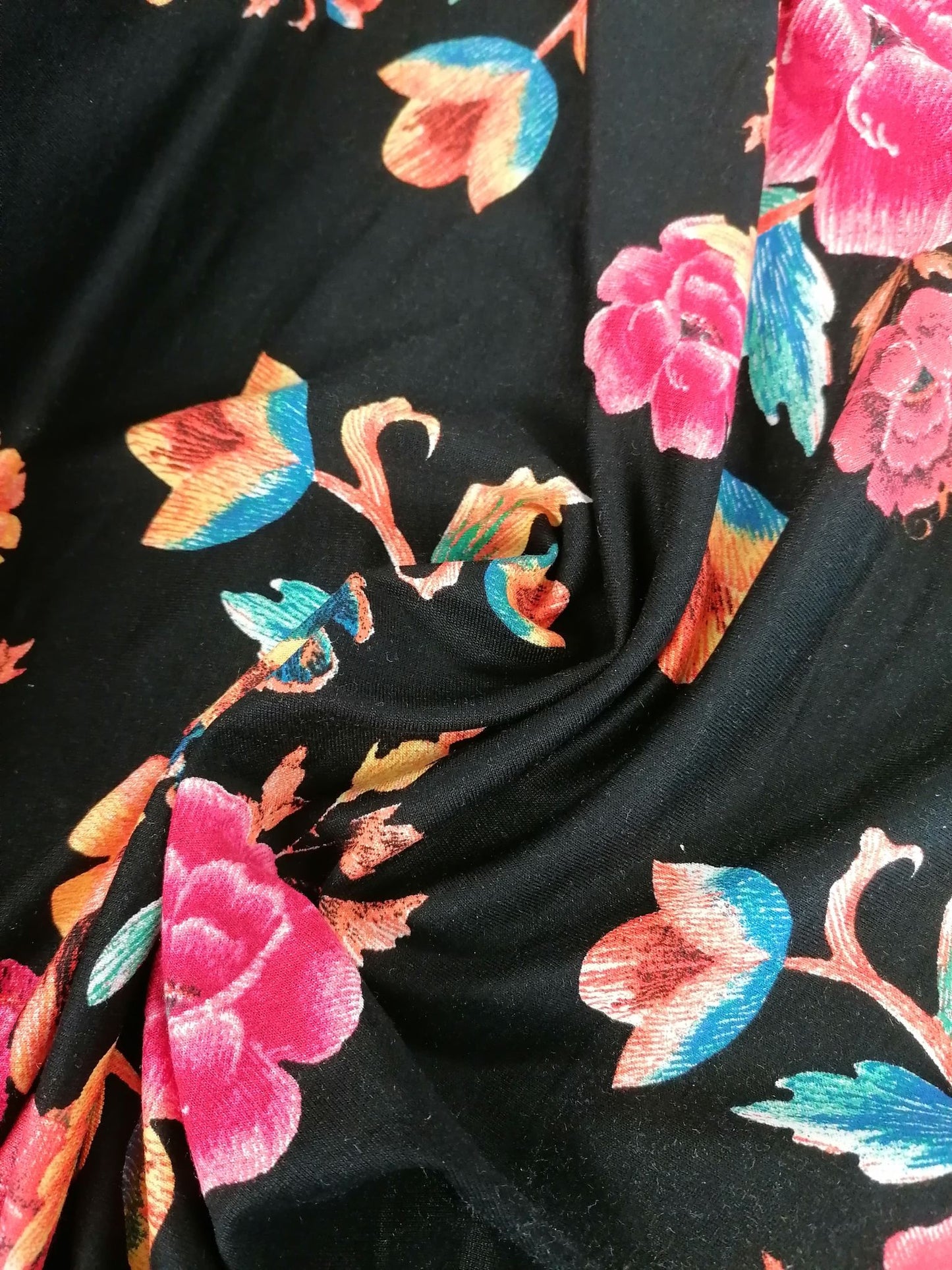 Poly Lycra - Floral - Orange/Black/Blue/Pink - 66" Wide - Sold By the Metre