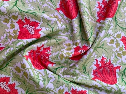 William Morris Inspired Floral 100% Cotton Fabric - Pink Tulip & Sage Acanthus Trail - 44/45" Wide By The Metre