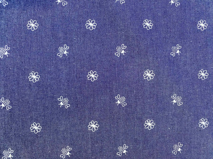 100% Cotton Denim/Chambray - Blue/White - Bees - 58"Wide - Sold By The Metre