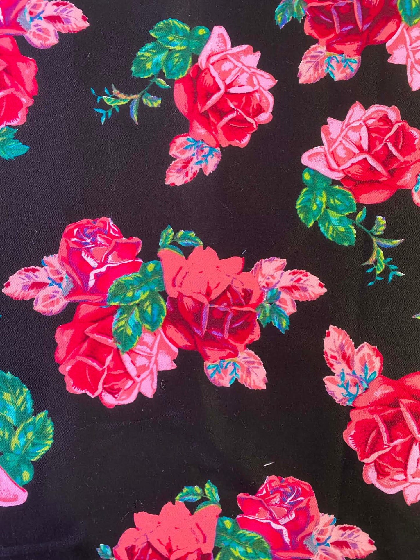Floral Cotton Sateen Fabric - Black/Pink/Green - 58" Wide - Luxury Dressmaking Material - £3.99/m