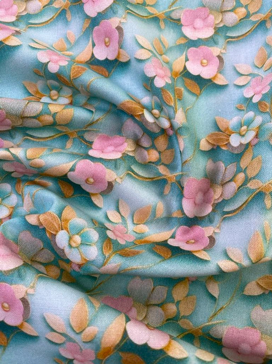 100% Cotton - Turquoise/Pink/Mustard - 44" Wide - Sold By The Metre