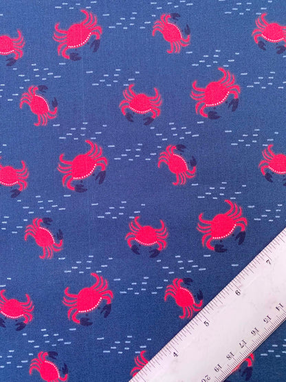 Slate Grey & Neon Pink Crab 100% Cotton Fabric - Ocean Beach Novelty - 44" Wide By The Metre