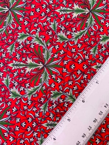 William Morris Inspired Floral 100% Cotton Fabric - Red, Green & Cream Arts & Crafts Botanical - 44/45" Wide By The Metre
