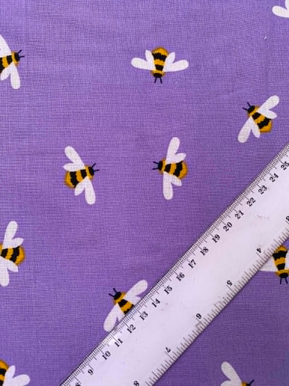 Vibrant Lilac Illustrated Bumblebee 100% Cotton Fabric - 44" Wide By The Metre
