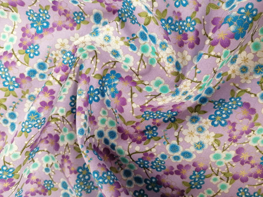 100% Cotton - Floral - Purple/Lilac/Blue/Gold - 58" Wide - Sold By the Metre