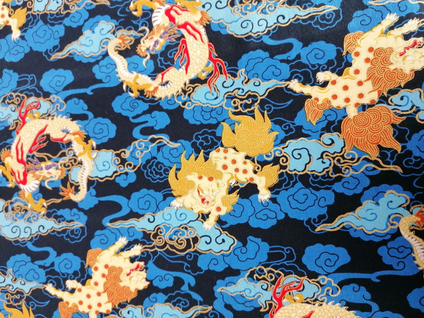 100% Cotton - Dragons - Blue/Gold/Red - 58" Wide - Sold By the Metre