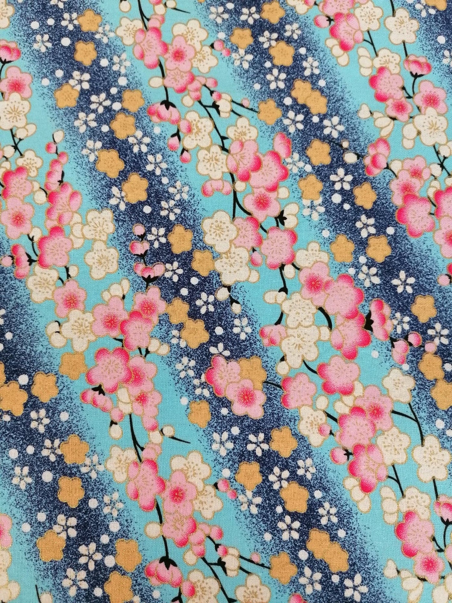 100% Cotton - Japanese Foil - Navy/Pink/White/Gold/Blue - 58" Wide - Sold By the Metre