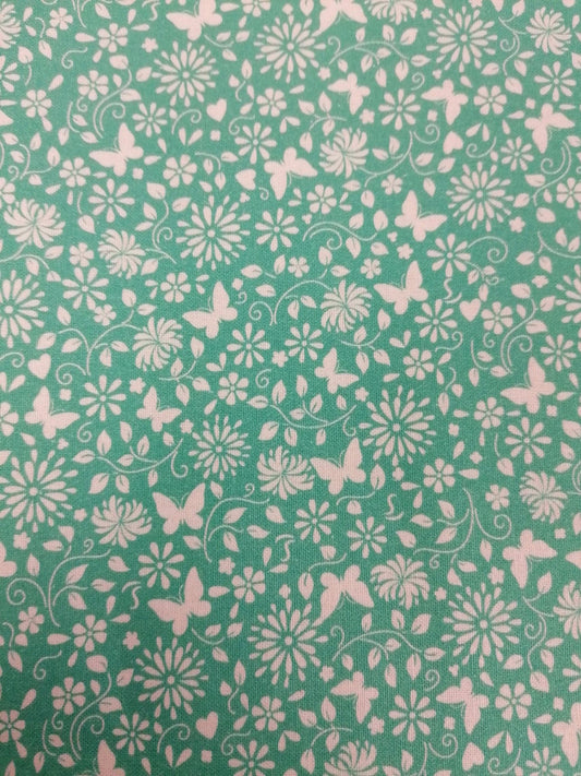 100% Cotton - Crafting & Quilting - Butterflies - Mint Green/White - 44" Wide - Sold By the Metre