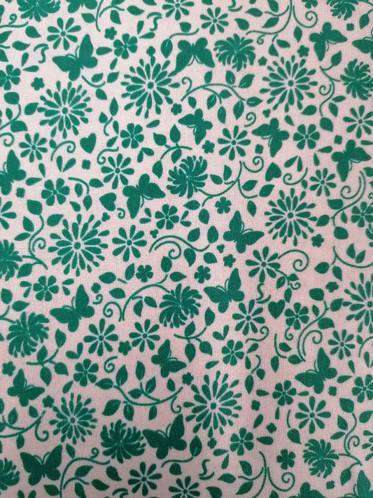 100% Cotton - Crafting & Quilting - Butterflies - White/Green - 44" Wide - Sold By the Metre