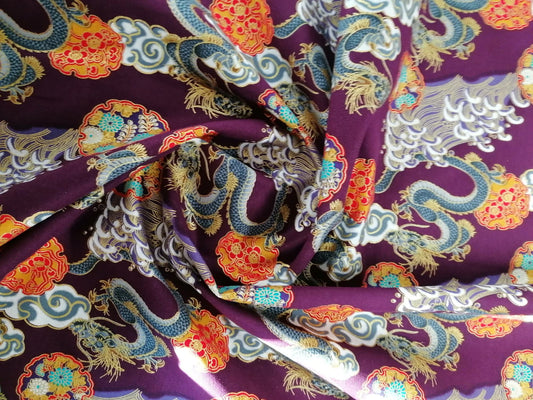 100% Cotton - Dragons - Purple/Orange/Gold - 58" Wide - Sold By the Metre