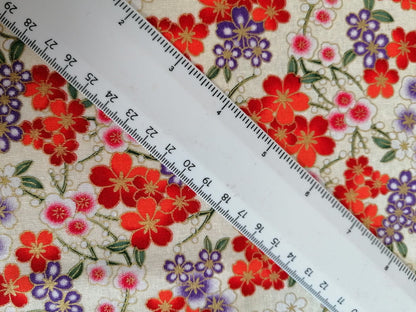 100% Cotton - Floral - Cream/Red/Orange/Purple/Gold - 58" Wide - Sold By the Metre