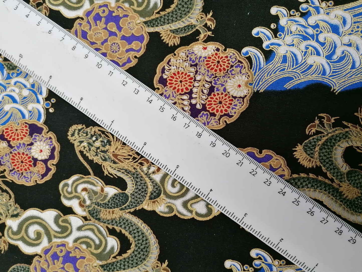 100% Cotton - Dragons - Black/Blue/Purple/Gold - 58" Wide - Sold By the Metre