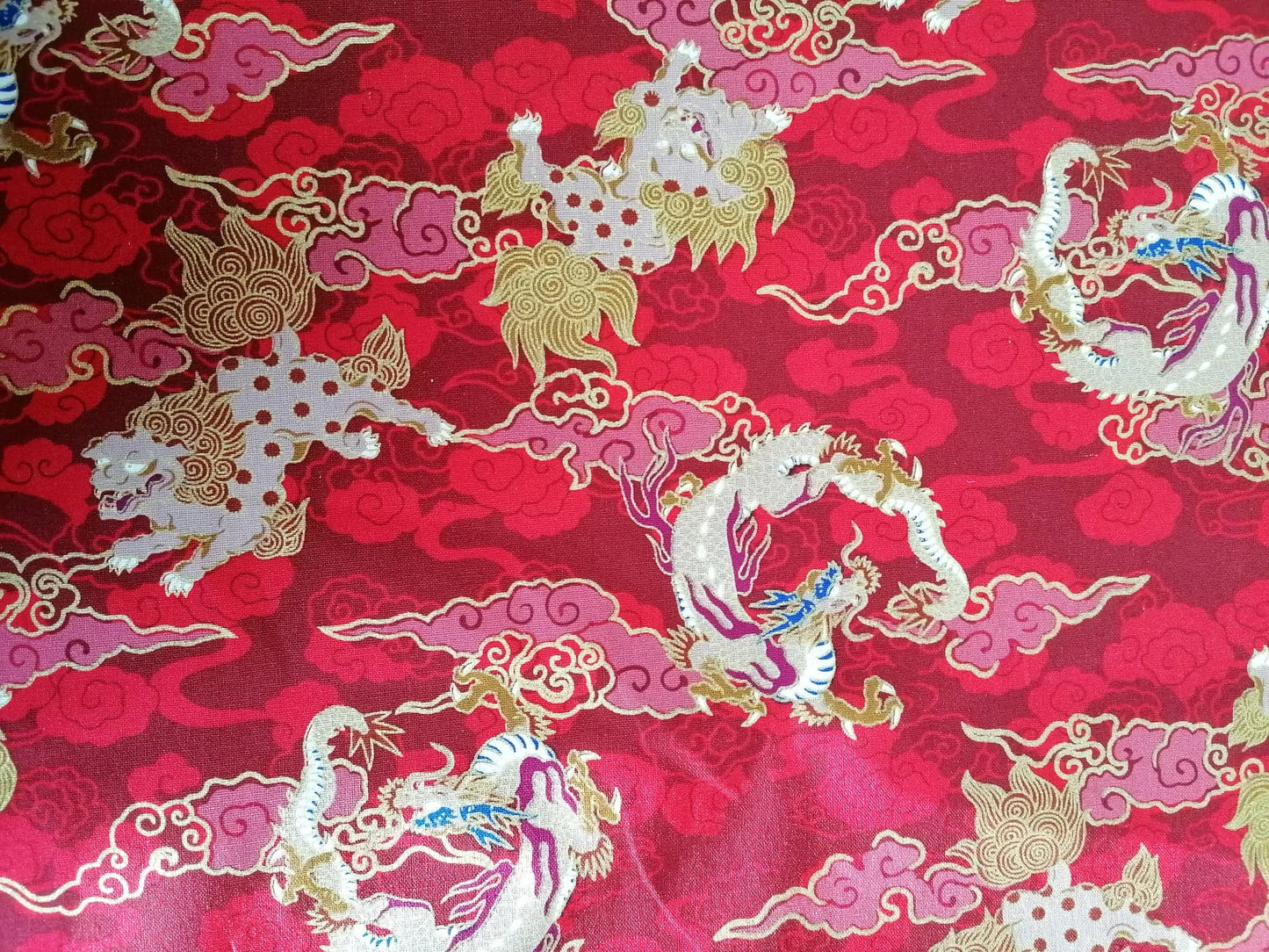 100% Cotton - Dragons - Red/Beige/Gold - 58" Wide - Sold By the Metre