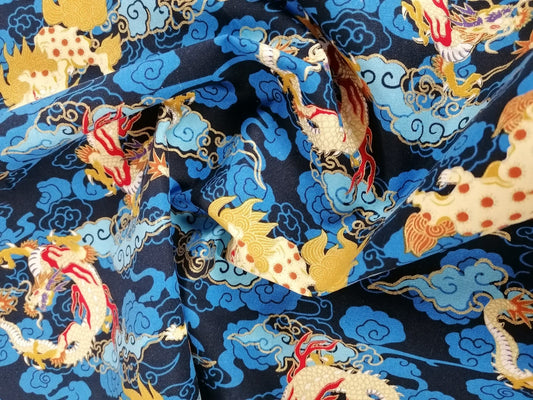 100% Cotton - Dragons - Blue/Gold/Red - 58" Wide - Sold By the Metre