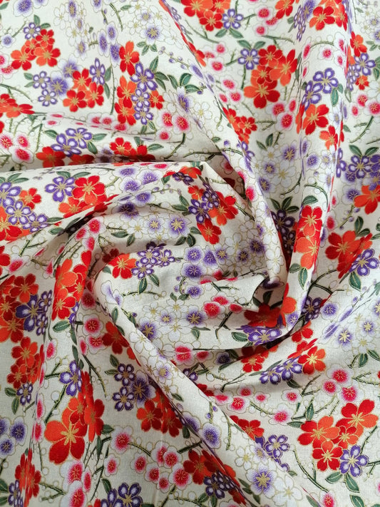 100% Cotton - Floral - Cream/Red/Orange/Purple/Gold - 58" Wide - Sold By the Metre