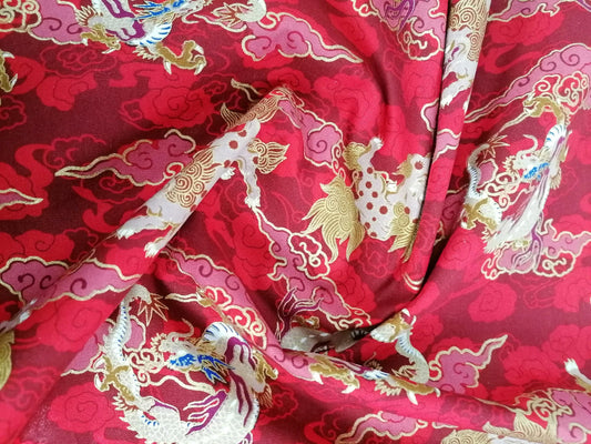 100% Cotton - Dragons - Red/Beige/Gold - 58" Wide - Sold By the Metre