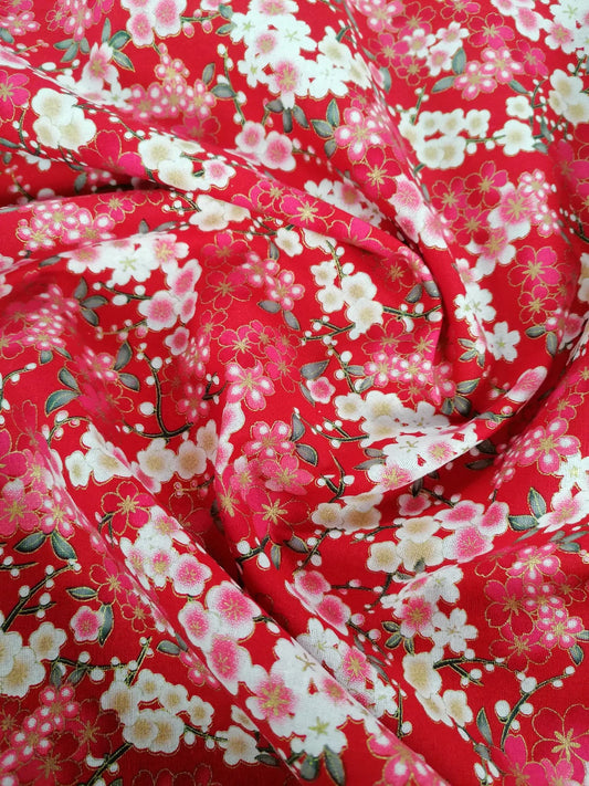 100% Cotton - Floral - Red/Green/Pink/Gold - 58" Wide - Sold By the Metre