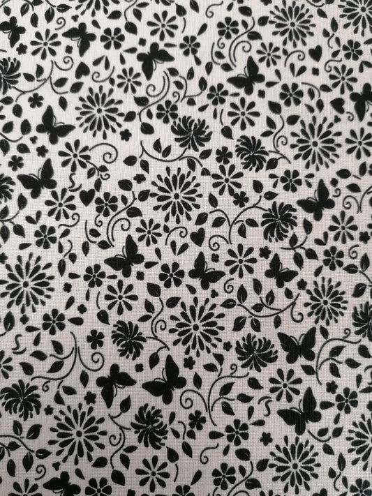 100% Cotton - Crafting & Quilting - Butterflies - White/Black - 44" Wide - Sold By the Metre