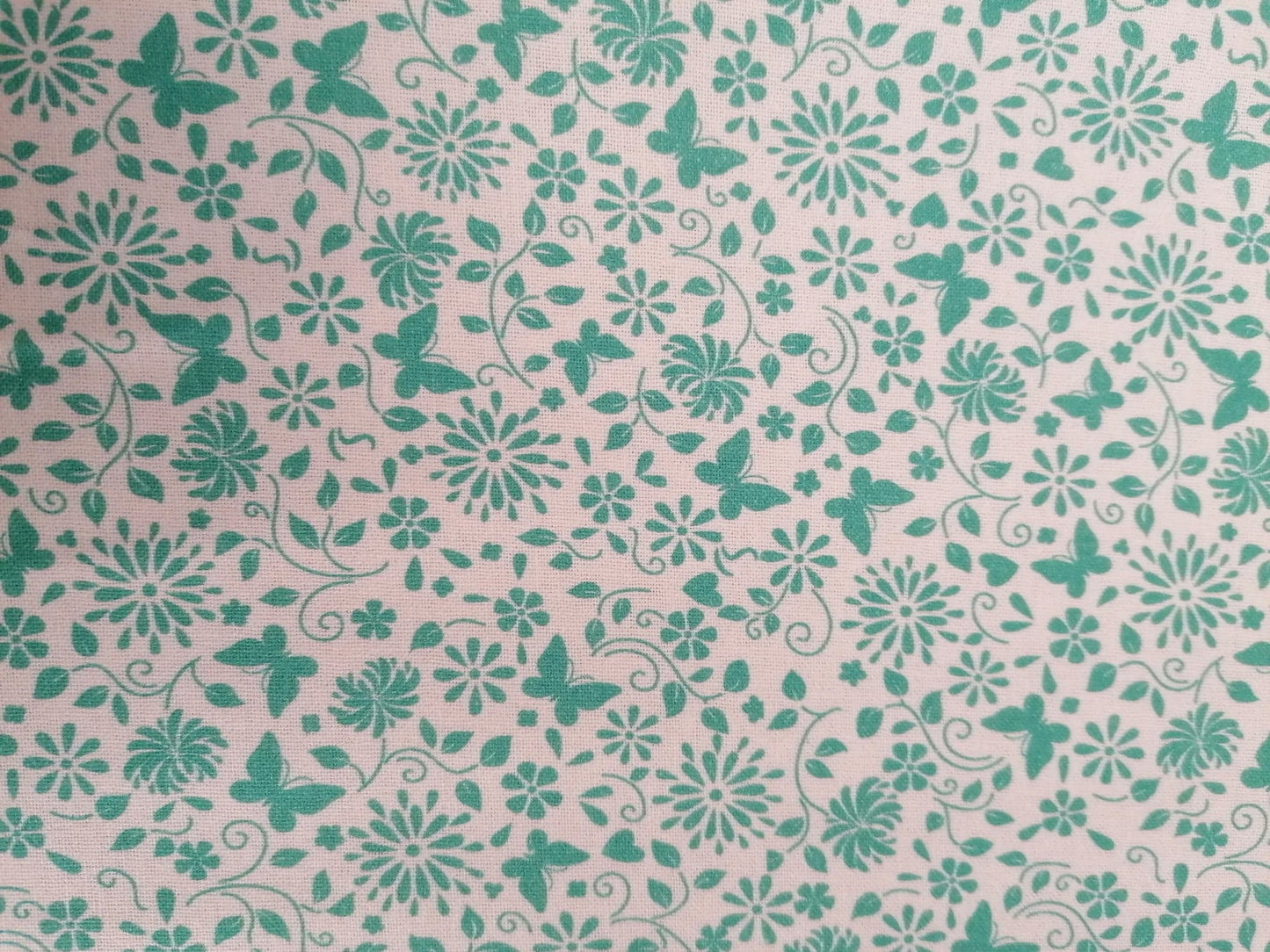 100% Cotton - Crafting & Quilting - Butterflies - White/Mint Green - 44" Wide - Sold By the Metre