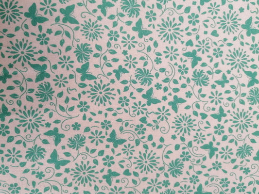 100% Cotton - Crafting & Quilting - Butterflies - White/Mint Green - 44" Wide - Sold By the Metre