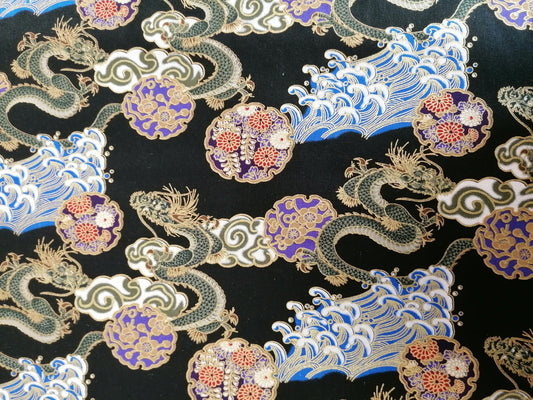 100% Cotton - Dragons - Black/Blue/Purple/Gold - 58" Wide - Sold By the Metre