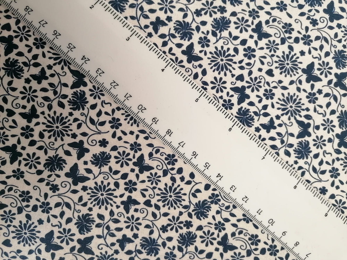 100% Cotton - Crafting & Quilting - Butterflies - White/Navy - 44" Wide - Sold By the Metre